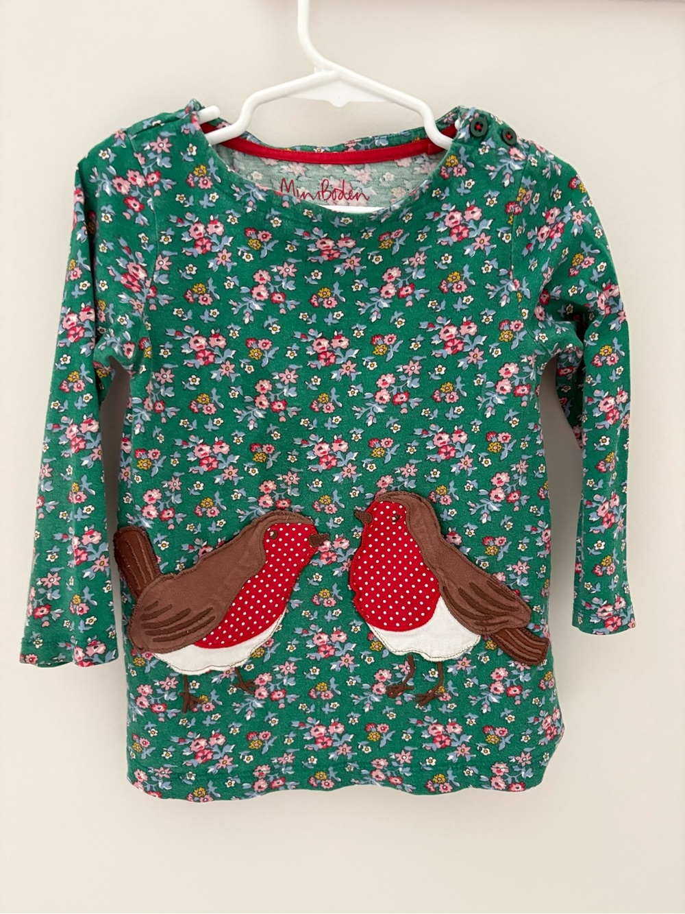 Mini Boden Green Floral Long-Sleeve Top with Red Bird Appliqués
